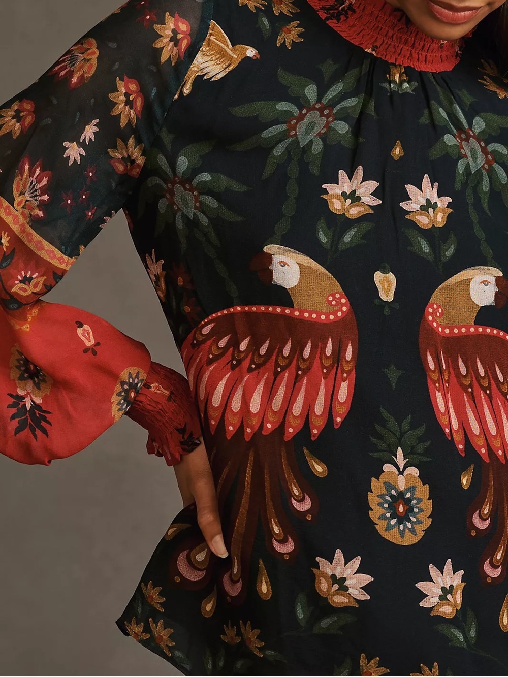 Farm Rio x Anthropologie long sleeve smocked blouse XS floral birds tropical - Picture 9 of 11